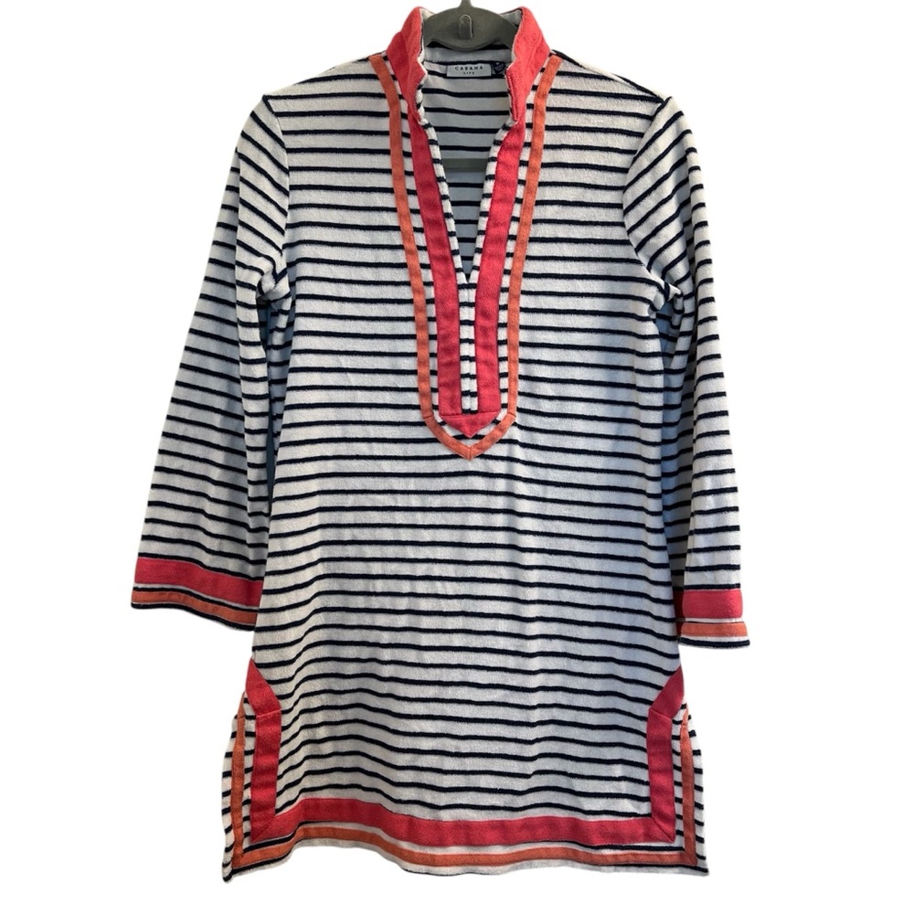 Cabana Life White Blue Terrycloth Stripe Tunic Swim Cover-up Size Medium UPF 50+